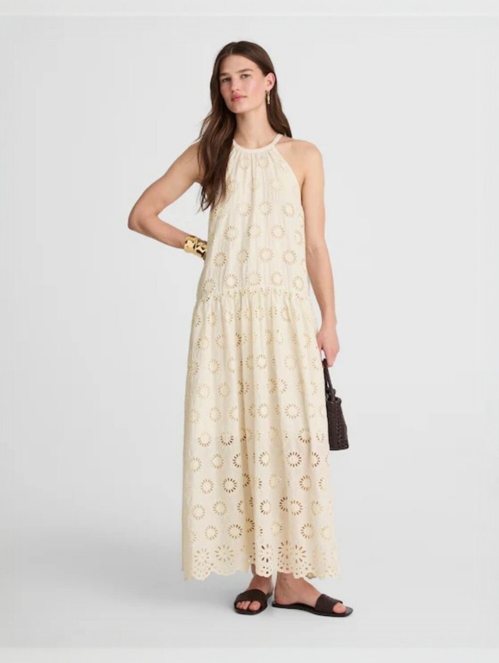 Madewell Cream Floral Eyelet Embroidered DropWaist Maxi Dress,M,Boho Cottagecore